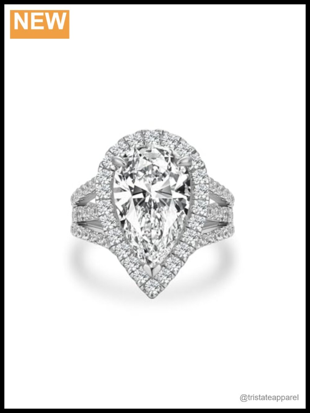 Silver Pear Shaped Halo Engagement Ring Split Shank Cubic Zirconia
